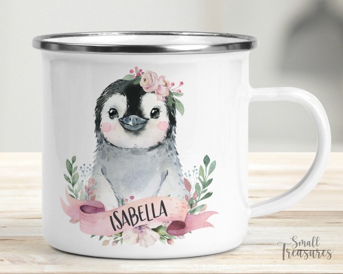 Tasse Kindertasse Emaille Kunststoff Keramik Becher personalisiert Aquarell Pinguin Blumen