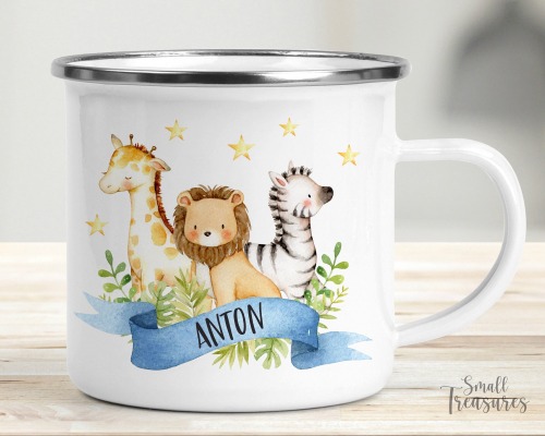 Tasse Kindertasse Emaille Kunststoff Keramik Becher personalisiert Aquarell Dschungel Safari Löwe