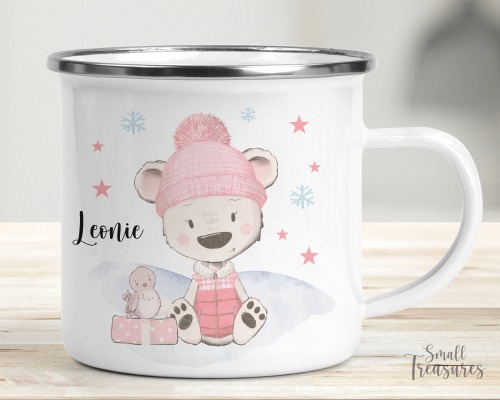 Tasse Weihnachtstasse Emaille Keramik Kunststoff personalisiert Geschenkidee Bär rosa