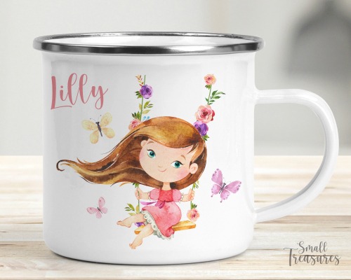 Tasse Kindertasse Emaille Kunststoff Keramik Becher personalisiert, Mädchen Prinzessin Blumen