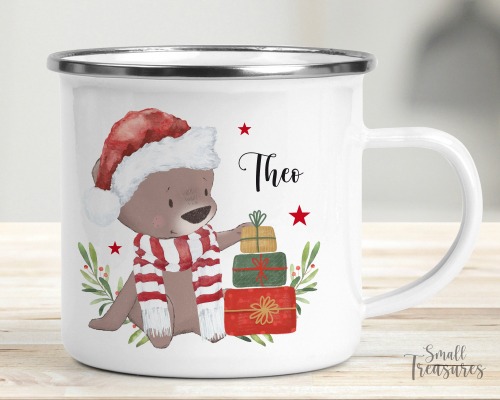 Tasse Weihnachtstasse Emaille Keramik Kunststoff personalisiert, Geschenkidee Bär