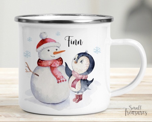 Tasse Weihnachtstasse Emaille Keramik Kunststoff personalisiert Geschenkidee Schneemann Pinguin