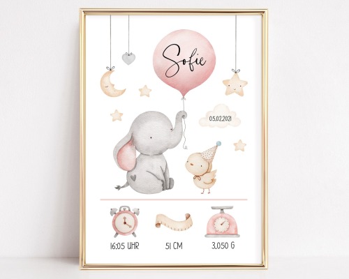 Geburtsdaten Poster Geburtsposter personalisiert Kinderzimmer Deko Elefant rosa