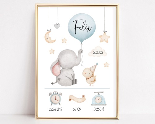 Geburtsdaten Poster Geburtsposter personalisiert Kinderzimmer Deko Elefant blau
