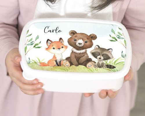 Brotdose Brotbox Lunchbox personalisiert Aquarell Tiere Wald Bär Fuchs