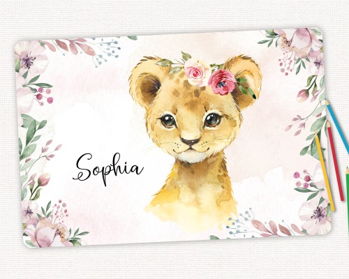 Schreibtischunterlage Kunststoff personalisiert mit Namen Löwenmädchen Blumen
