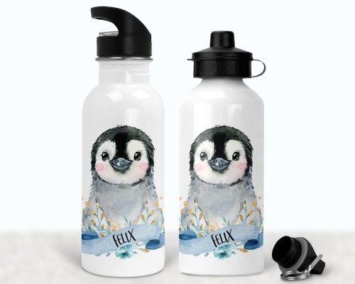 Flasche Trinkflasche personalisiert Pinguin blau