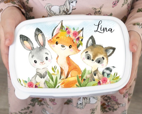 Brotdose Brotbox Lunchbox personalisiert Aquarell Waldtiere Fuchs Hase