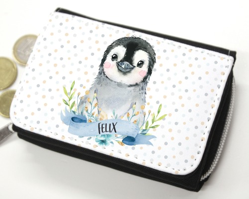 Kinder Geldbörse Portmonee personalisiert mit Name Pinguin blau