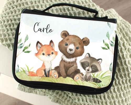 Kulturbeutel für Kinder Waschtasche personalisiert Waldtiere Bär