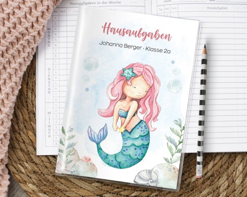 Hausaufgabenheft-Hülle Hausaufgaben personalisiert Meerjungfrau