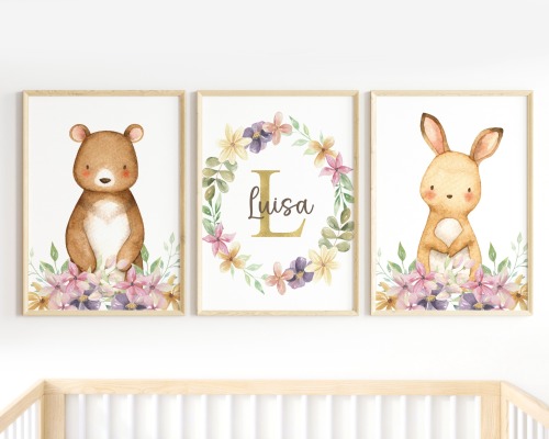 Kinderzimmer Bilder Set Tiere Blumen personalisiert