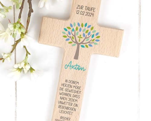 Taufkreuz Holzkreuz für Kinder, personalisiert Lebensbaum türkis - Liebevoll gestaltetes Holzkreuz