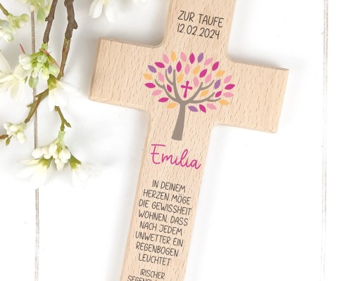 Taufkreuz Holzkreuz für Kinder, personalisiert Lebensbaum pink - Liebevoll gestaltetes Holzkreuz