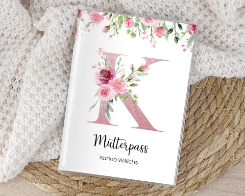 Mutterpasshülle personalisiert Rosa Blumen Initial Buchstabe