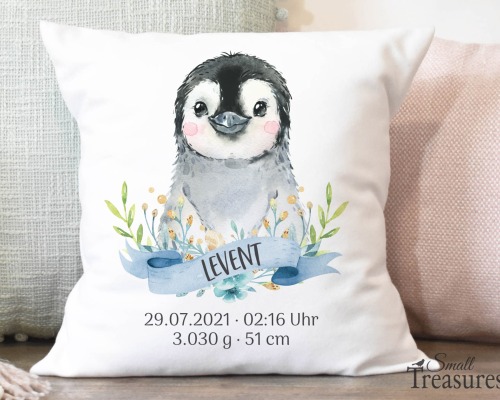 Kissen Bezug Namenskissen Geburt Geschenk personalisiert Pinguin