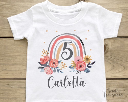 Geburtstagsshirt personalisiert, Geburtstag Mädchen Regenbogen Blumen T-Shirt TShirt