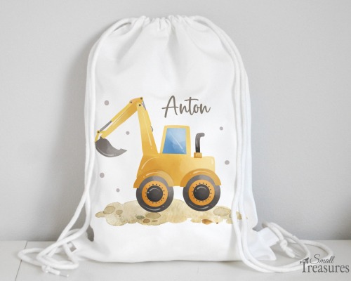 Stoffbeutel Turnbeutel Rucksack, Kindergartentasche mit Name personalisiert Bagger