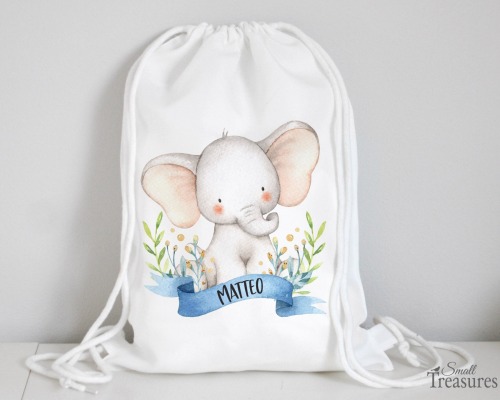 Stoffbeutel Turnbeutel Rucksack, Kindergartentasche mit Name personalisiert Elefant blau