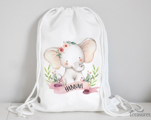 Stoffbeutel Turnbeutel Rucksack, Kindergartentasche mit Name personalisiert Elefant rosa