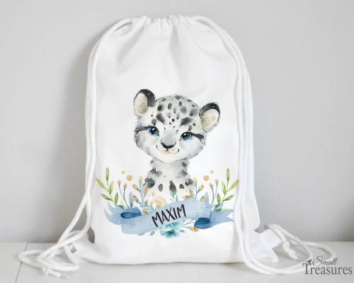 Stoffbeutel Turnbeutel Rucksack, Kindergartentasche mit Name personalisiert Leopard