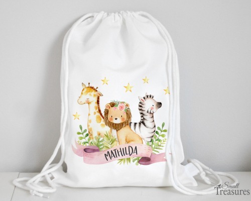 Stoffbeutel Turnbeutel Rucksack Kindergartentasche mit Name personalisiert Dschungeltiere rosa