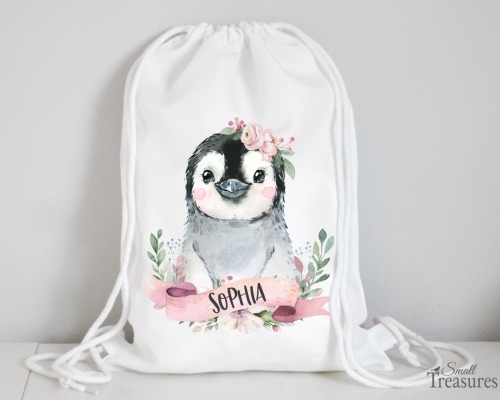 Stoffbeutel Turnbeutel Rucksack, Kindergartentasche mit Name personalisiert Pinguin rosa