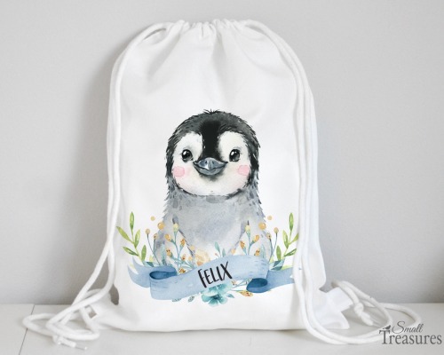 Stoffbeutel Turnbeutel Rucksack, Kindergartentasche mit Name personalisiert Pinguin blau