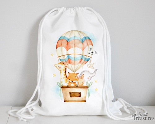 Stoffbeutel Turnbeutel Rucksack, Kindergartentasche mit Name personalisiert Heißluftballon