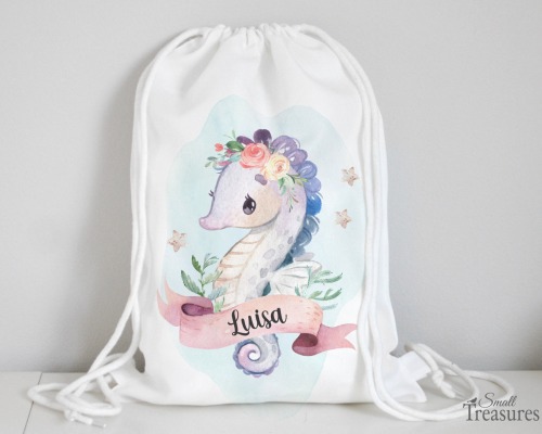 Stoffbeutel Turnbeutel Rucksack Kindergartentasche mit Name personalisiert Seepferdchen