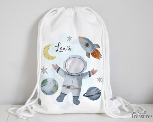 Stoffbeutel Turnbeutel Rucksack, Kindergartentasche mit Name personalisiert Astronaut Weltraum Raket