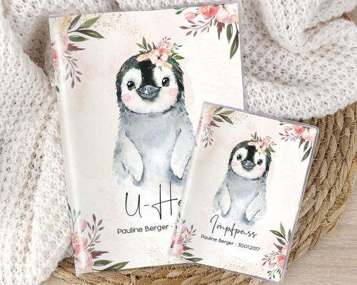 U-Heft und Impfpasshülle, personalisiert Pinguin Blumen Mädchen