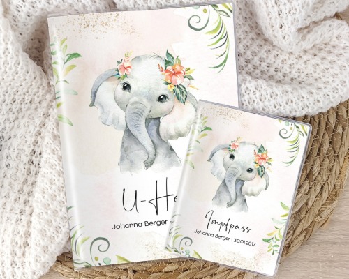 U-Heft und Impfpasshülle personalisiert Elefant Blumen Mädchen