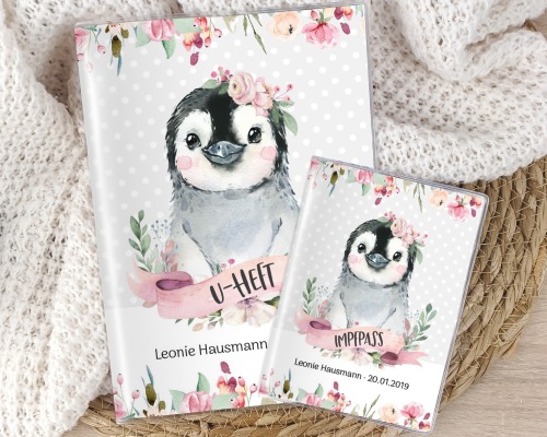 U-Heft und Impfpasshülle personalisiert Pinguin Blumen Mädchen