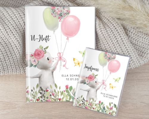 U-Heft und Impfpasshülle personalisiert Hase Ballons Blumen Mädchen