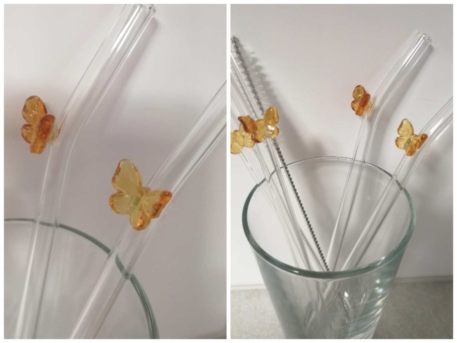 Strohhalme Trinkhalme aus Glas, Schmetterling, 4er Set, bernsteinfarben