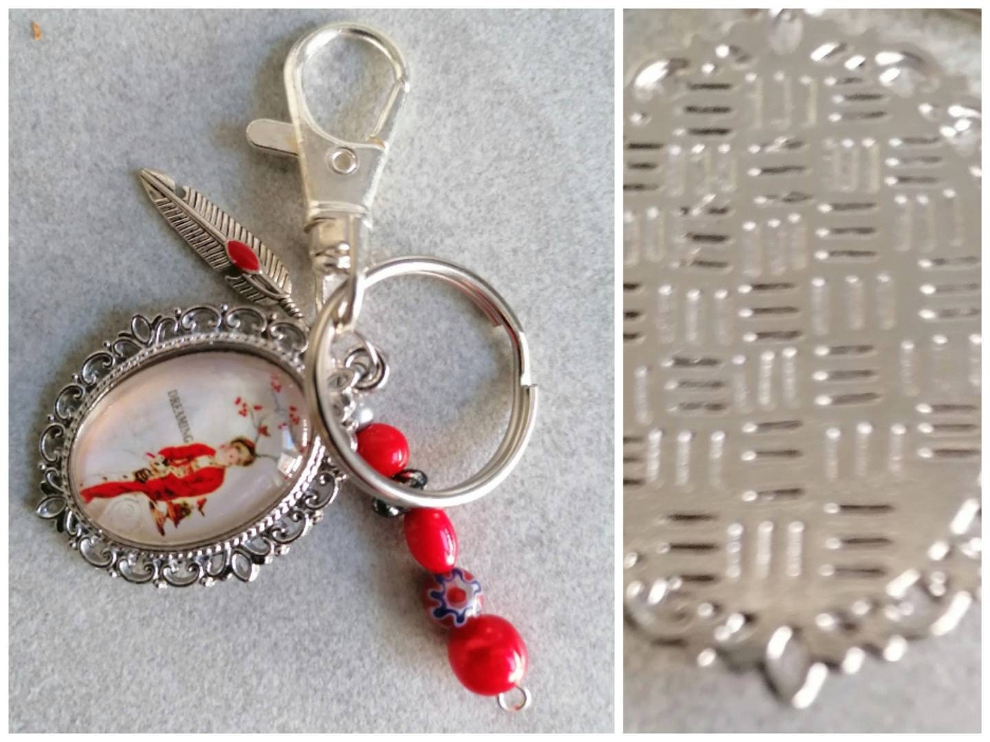 Schlüsselanhänger mit Perlen Karabiner Charm und Amulett silberfarben oder schwarz 8