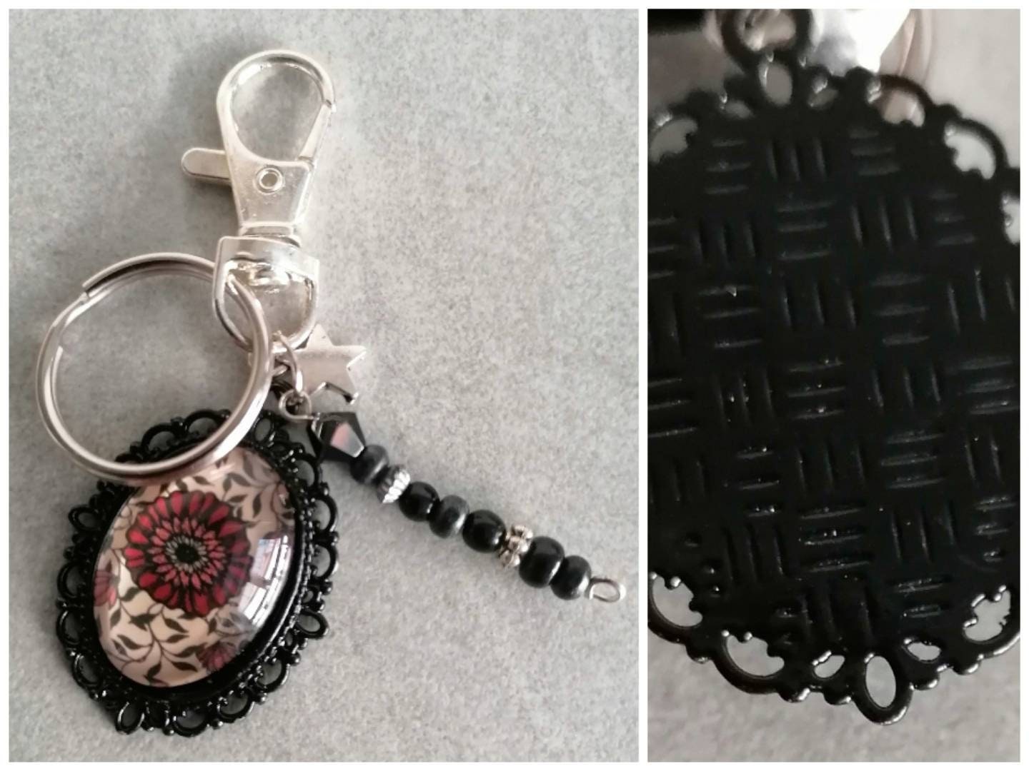 Schlüsselanhänger mit Perlen Karabiner Charm und Amulett silberfarben oder schwarz 3