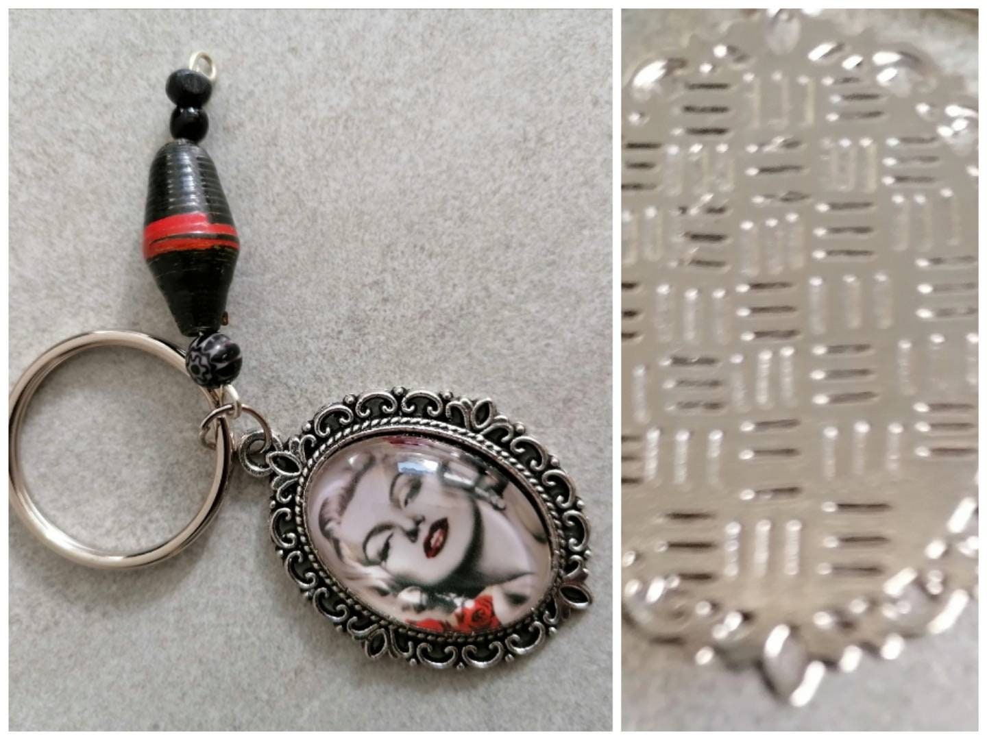 Schlüsselanhänger mit Perlen und Amulett silberfarben