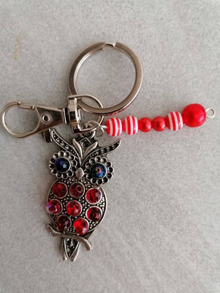 Schlüsselanhänger Eule mit Perlen Karabiner Charm und Amulett silberfarben oder schwarz 3