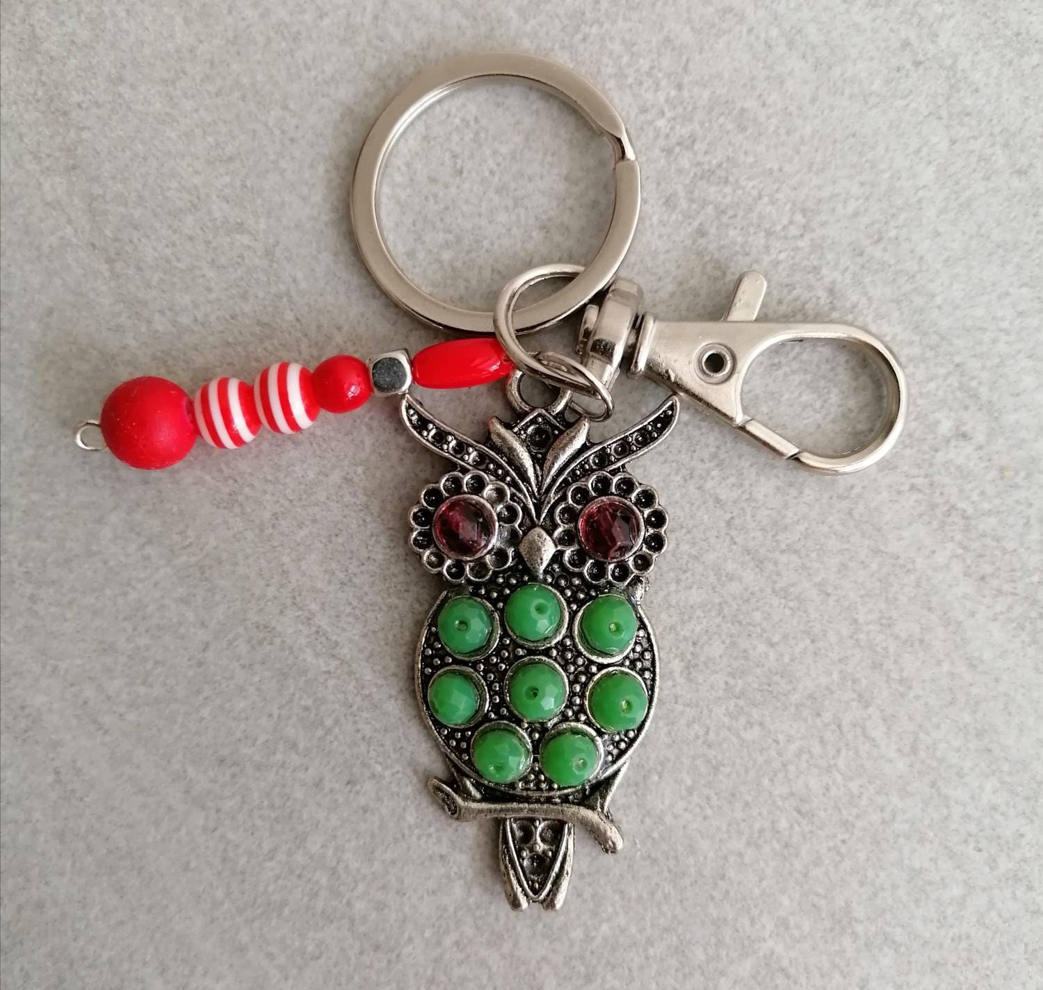 Schlüsselanhänger Eule mit Perlen Karabiner Charm und Amulett silberfarben oder schwarz 6