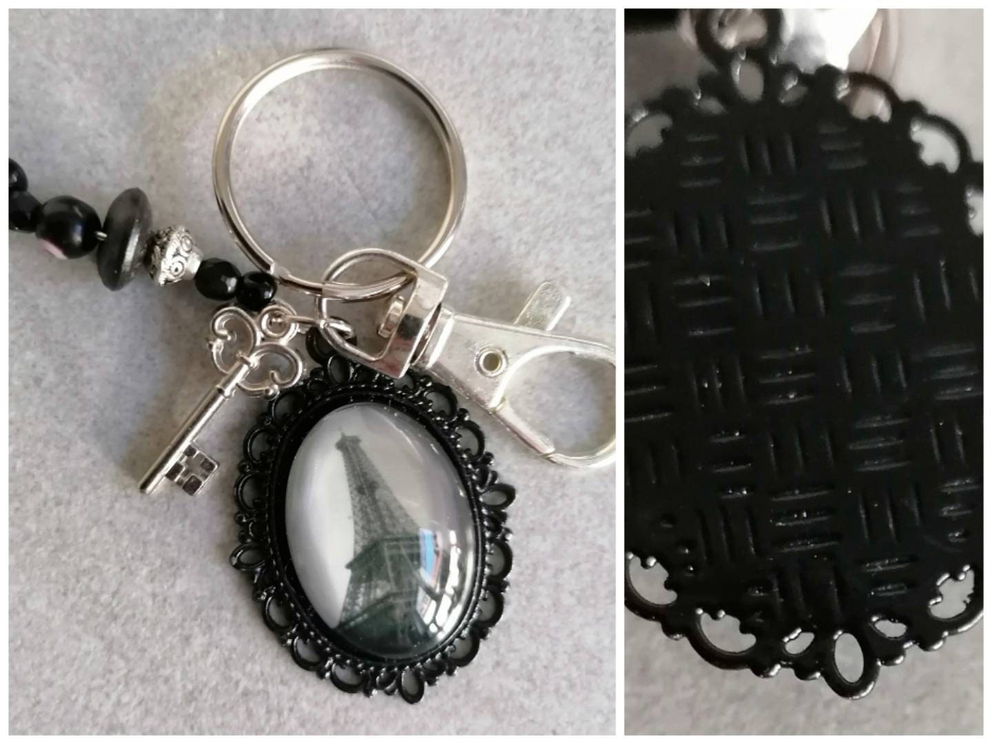 Schlüsselanhänger mit Perlen Karabiner Charm und Amulett silberfarben oder schwarz 4