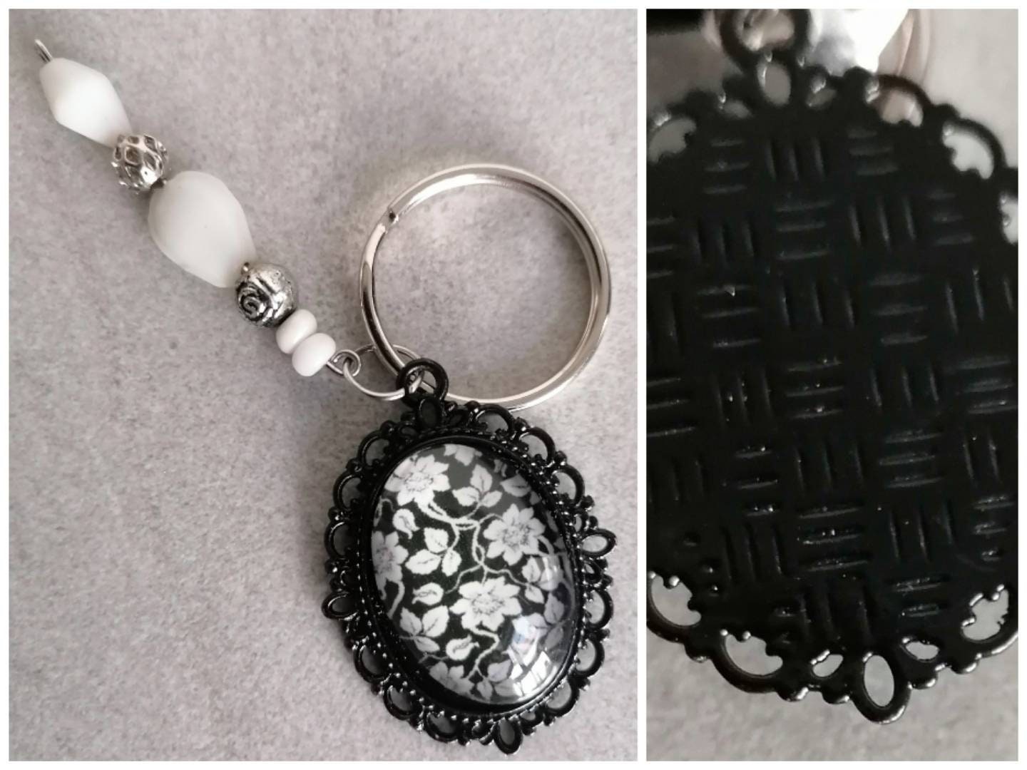 Schlüsselanhänger mit Perlen Karabiner Charm und Amulett silberfarben oder schwarz 9