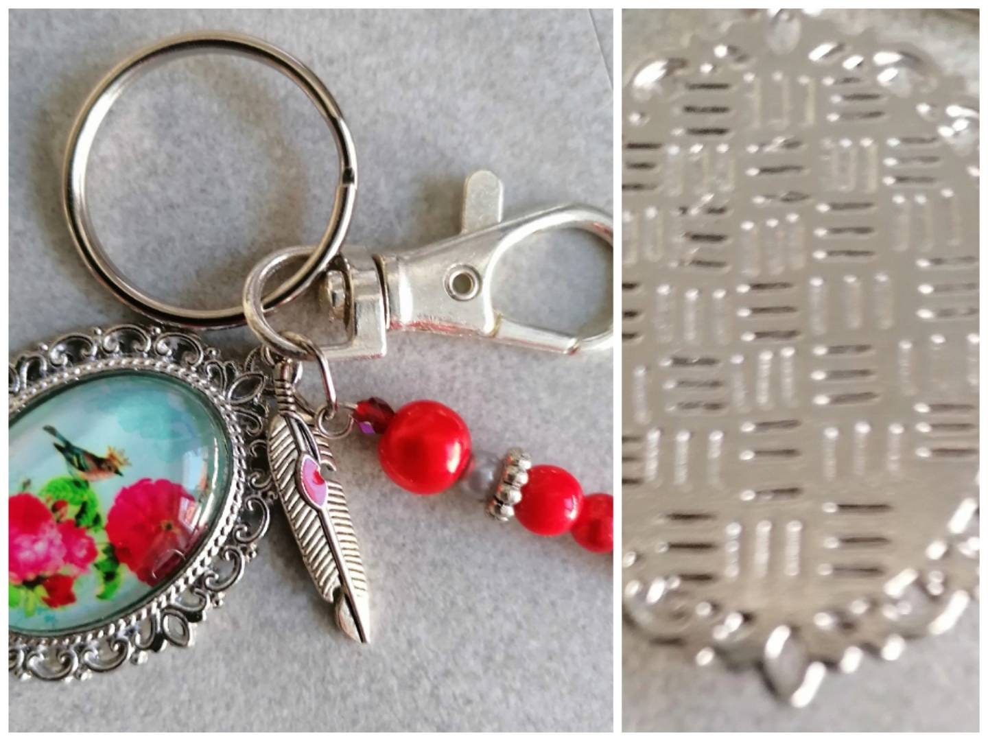 Schlüsselanhänger mit Perlen Karabiner Charm und Amulett silberfarben oder schwarz 7