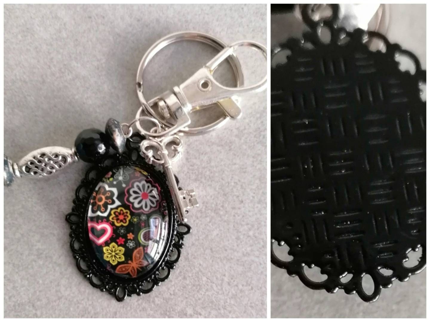 Schlüsselanhänger mit Perlen Karabiner Charm und Amulett silberfarben oder schwarz 6