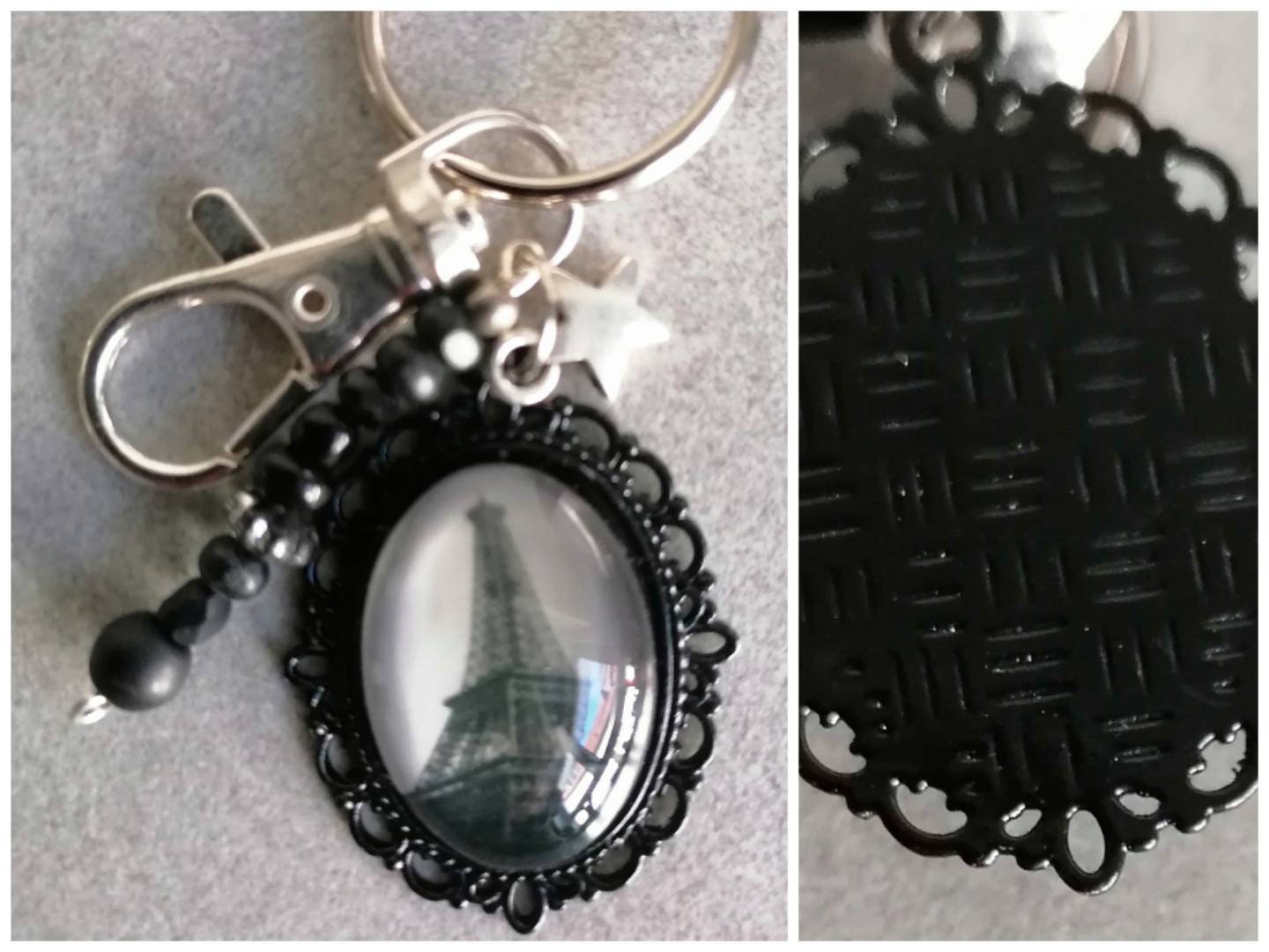 Schlüsselanhänger mit Perlen Karabiner Charm und Amulett silberfarben oder schwarz