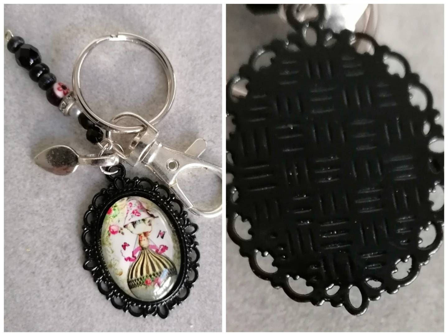 Schlüsselanhänger mit Perlen Karabiner Charm und Amulett silberfarben oder schwarz 2