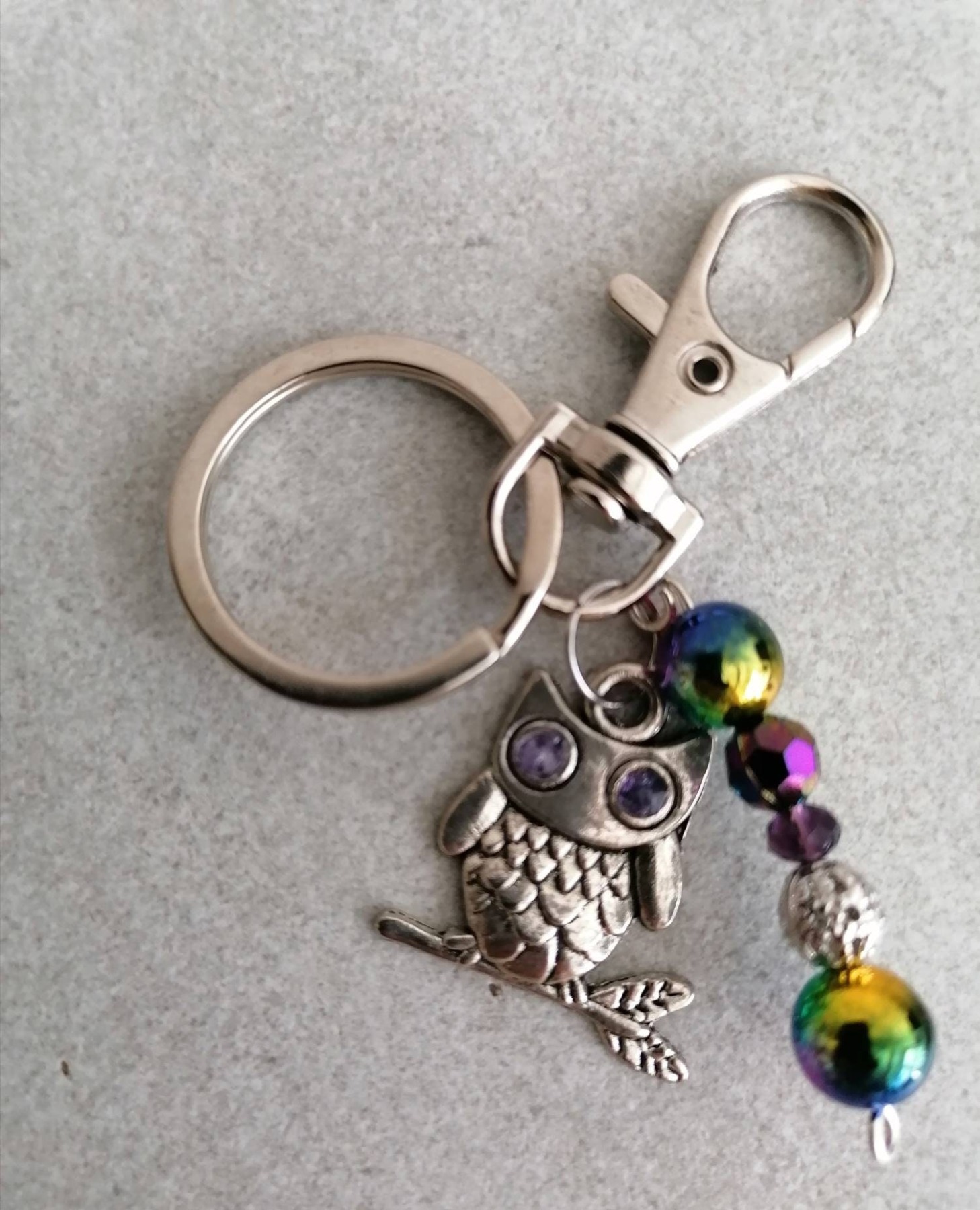 Schlüsselanhänger Eule mit Perlen Karabiner Charm und Amulett silberfarben oder schwarz 4