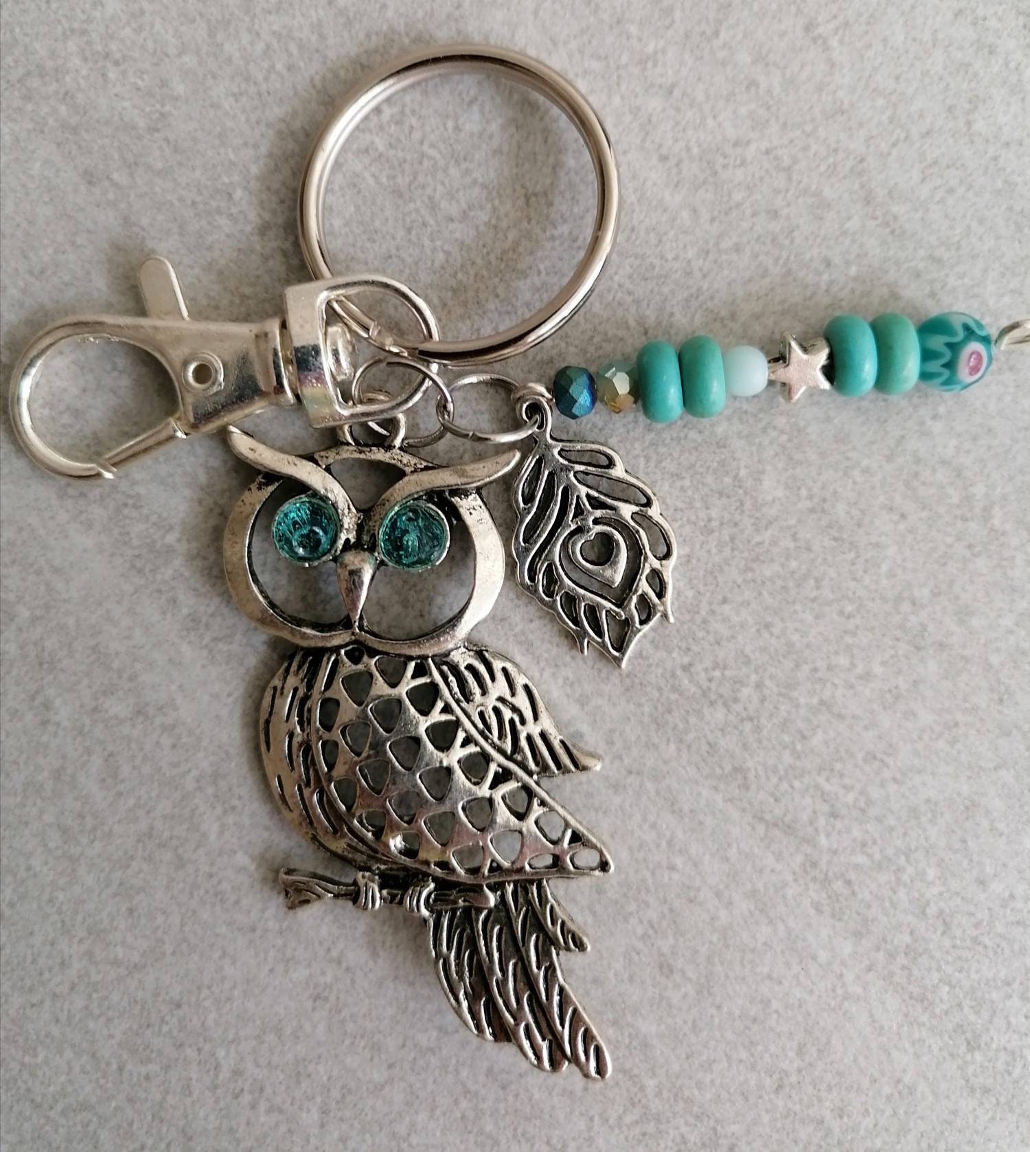 Schlüsselanhänger Eule mit Perlen Karabiner Charm und Amulett silberfarben oder schwarz 5