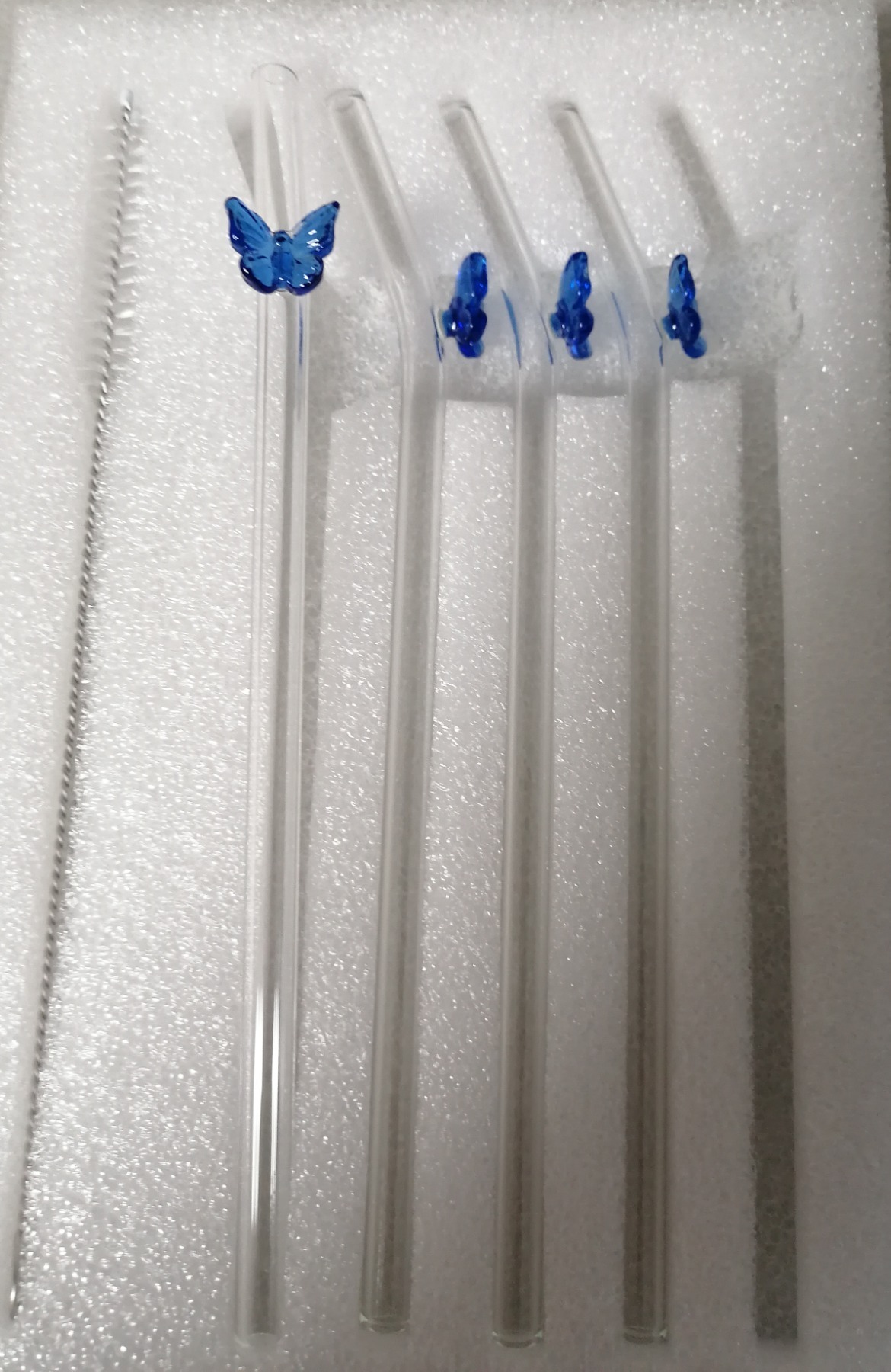 Strohhalme Trinkhalme aus Glas, Schmetterling, 4er Set, blau